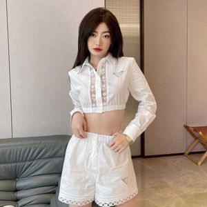 Summer ladies lapel lace splicing high-waist short shirt plus loose shorts pantsuit, chiffon fabric comfortable smooth, high-waist casual fashion everything.