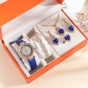 Wristwatches Selling Exquisite Creative Rose Gold Blue Love Heart Jewelry Womens Leisure Watch Set Holiday Girlfriend Gift 230727
