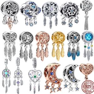 925 Silver Fit Pandora Charm Hollow Heart وثلاثة ريش سحر أزياء مجموعة قلادة DIY Gine Beads Jewelry ، هدية خاصة للنساء