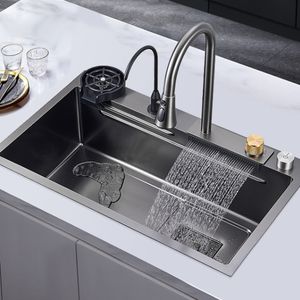 Kitchen Sink Waterfall Faucet Pullout Water Tap Kitchen Accessories Application Single Stainless Steel Bowl Basin Kitchen Sink