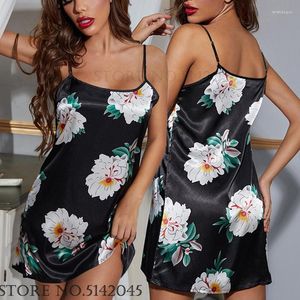 Women's Sleepwear Women Nightgown Intimate Lingerie Sexy Print Flower Mini Suspender Nightdress Summer Loose Silk Satin Home Wear