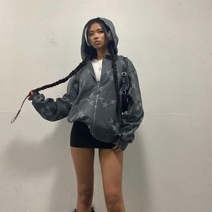 Hoodies das mulheres moletom vintage estrela impressão moda casual zip up manga longa solta jaqueta casacos harajuku com capuz y2k streetwear 230728