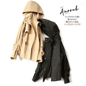 Trench Coats Feminino 2023 Feminino Outono Preto Jaqueta Moda Elegante Casaco Estilo Japão Casual Com Capuz Cordão Solto Roupas de Estilista