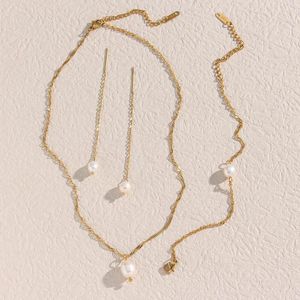 Halskette-Ohrringe-Set, elegante Süßwasserperle, 18 Karat vergoldet, Wasserwellen-Kettenarmband für Damen, langer Tropfen-Schmuck