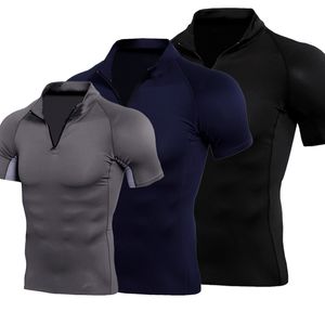 Camisetas masculinas Rashguard Sporting Fitness Shirt Compression Running Zipper Stretchy Tshirts Musculação Academia Camisas de basquete de manga curta 230727