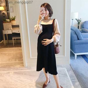 Maternity Dresses Pregnant women's clothing Knitted women's thick dress set Bishop sleeves Full mid calf elastic casual knitted sweater Pregnant Z230731