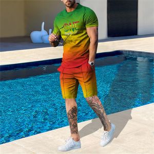 Mens Trailtsits Summer Beach Serin Set 3D Baskılı Renkli Yuvarlak Boyun Kısa Kollu Şort Günlük İki Parçalı Moda Giyim 230727