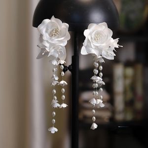 Ear Cuff French satin stereo camellia beaded lily of the valley bud ear clip bridal white gauze dress earrings jewelry 230728