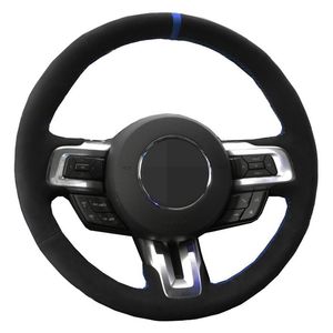 Cobertura de volante de carro faça você mesmo costurado à mão preto camurça de couro genuíno para ford mustang 2015 2016 2017 2018 2019261r