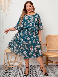 Vestidos plus size tamanho feminino 2023 verão babados meia manga estampa floral casual chiffon vestidos de verão longos para esconder a barriga vestido 230727