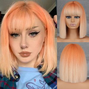 Cosplay Wigs WERD Short Orange Straight Bob Wig Synthetic Wigs For Women With Bangs Daily Cosplay Hair Heat Resistant 230727