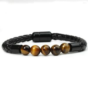 Strand Natural Stone Tiger Eye Leather Cord Bangle Men Women Magnetic Button Bracelets Chakra Lava Yoga Fashion Jewelry