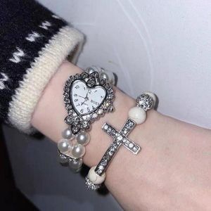 Charm Bracelets Y2K 2000 Inalid Rhinestone Pearl Love Cross Watch Pulseira Elástica para Mulheres Estética Moderna Brilhante Punk Harajuku