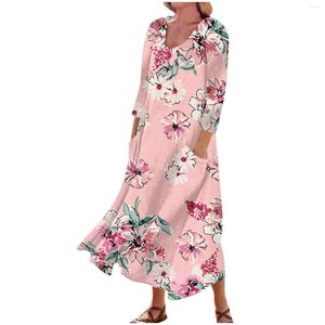 Lässige Kleider 2023 Frauen Blumendruck Tunika Bequeme Dreiviertelärmel Taschenkleid Baumwolle A-Linie Vestidos