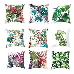 Cushion Decorative Pillow 45X45 Tropical Plants Decorative Pillowcase Birds Print Polyester Case Green Leaf Flower Sofa Throw Cover 230727