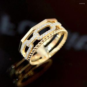 Klusterringar unice real 18k solid gula guld smycken au750 geometriska ihåliga dubbla lager diamantkedja ins bloggare kvinnor