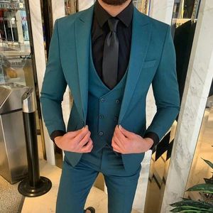 Męskie garnitury Blazers ciemnoniebiescy mężczyźni z kostiumem klapowym Homme Slim Fit Prom Terno Masculino Blazer Groom Wear 3 szt. Kurtka Pantvest 230728