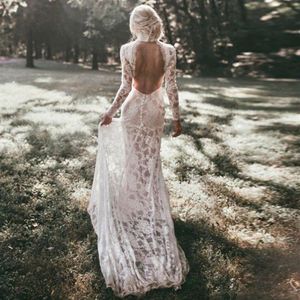 Robe de Mariage 2020 Suknie ślubne z długimi rękawami Boho High Neck Znakomita koronkowa bez pleców szykowna sukienka ślubna ślubna suknia ślubna