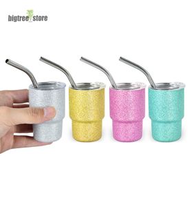 3oz Sublimazione Chuncky Glitter Shot Glass Cup 90ML Argento lucido Bicchiere da vino Bicchiere piccolo con coperchio e cannuccia per fai da te