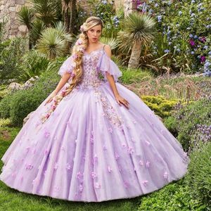 Lavender Sweet 16 suknia balowa sukienka quinceanera sukienki z aplikacji na ramię koralika 3dflower bal maturalny vestido de 15 anos