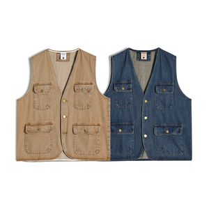 Mäns västar 2023 Summer Retro Multi Pocket Denim Vest Coat and Women's Fashion Casual ärmlös Button Tank Top 230727