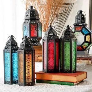 Candle Holders European Retro Colored Glass Lantern Candlestick Home Decoration Wrought Iron Camping Decorative Ornaments