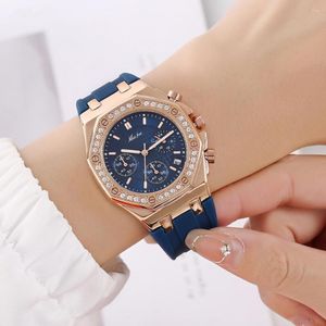 Zegarek luksusowe cztery tarcze sześć igieł igły świecące kobiety oglądają modne i wszechstronne diamentowe wodoodporne nadgarstek na taśmę silikonową