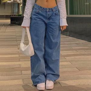 Jeans Feminino Cintura Baixa Moda Retrô Calça Reta Solta Estilo de Rua Denim Com Perna Larga Simples Baggy Mop