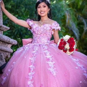 2024 Abiti Quinceanera rosa lucenti messicani con applicazioni floreali 3D Abiti XV Anos Sweet 16 robe de soiree