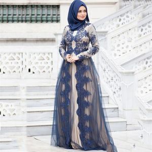 2019 muslimska kvällsklänningar långa ärmar spetsar applikationer en linje elegant sveptåg arabiska prom klänningar mor till brud269e