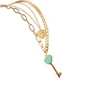 Designer Brand Titanium Steel 18k Gold Tiffays Classic Blue Dropping Oil Key Love Double Layer Necklace Womens Fashion Collar Chain With logo