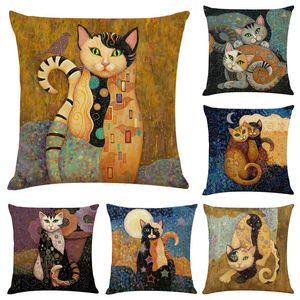 Kudde Dekorativ kudde konst Mural Cat Print Linen Pudowcase For Sofa Animal Design Vintage Covers 45x45cm Hem Dekorativ kudde Cover 230727