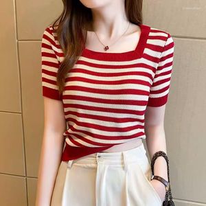 Women's T Shirts Amolapha Women Square Collar T-shirt Short Sleeve Thin Chic Ice Silk Knitted Striped Cover Tops