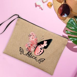 Fjäril anpassade namn kvinnors påsar linne sminkpåse personliga resekopplingar strand solglasögon solskyddsmedel förvaring gåvor