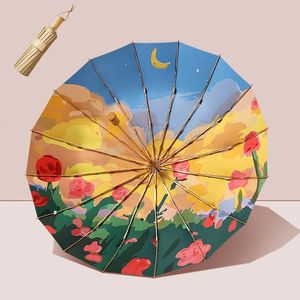 Umbrellas Red leaf 16 bones Three Fold Umbrella Gold Adhesive Coating Rain and Sun umbrellas Unisex Windproof UV Umbrella For Women 230727