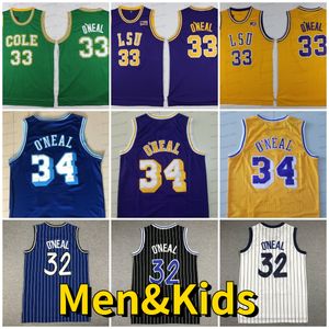 Дети 32 Shaquille Oneal Mens Retro Basketball College College LSU Tigers Jerseys Желтые пурпурные университеты, сшитые мужские рубашки Classic #32 #33 #34