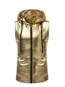 Men's Vests Shiny men's and women's zipper vest with hood gold silver metallic texture gloss Stage performance clothes apparel 230727