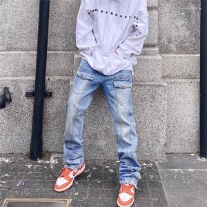 Men's Jeans High Street Y2K Mid-waist Straight Leg Pants Solid Color Stitching Button Slit Pocket Trousers Male Clothing YY021