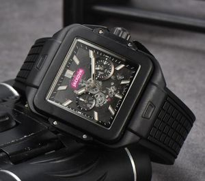 Crime Premium Mens Square Gear Skeleton Dial Orologi Cronometro Movimento al quarzo Orologio da uomo Spessore Cinturino in gomma Vetro zaffiro Orologio da polso non meccanico Regali