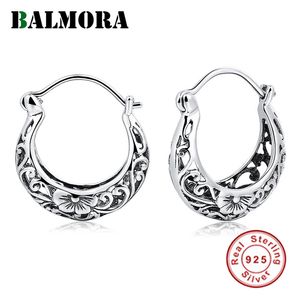 Ear Cuff BALMORA Real 925 Sterling Silver Earrings Flower Oval Hollow Filigree Hoop Earrings for Women Retro Ethnic Fashion Jewelry 230728