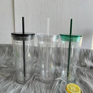 マグ2021フラットリッド470ml 473ml 480ml 16オンス透明なプラスチック二重壁タンブラーとストローロゴブラックグリーン258t