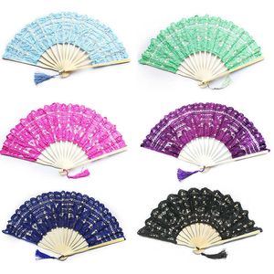 Chinese Style Products Color Chinese Dance Hand Fan Party Wedding Prom Bamboo Hand Folding Lace Fabric Retro Craft Gift Fan Home Decor