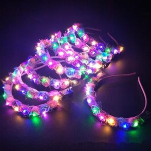 パーティーデコレーション20pcs led led輝く光沢のあるフラワーリースヘッドバンド子供大人の女の子ウェディングブライダルファンシードレスヘッドウェア303f