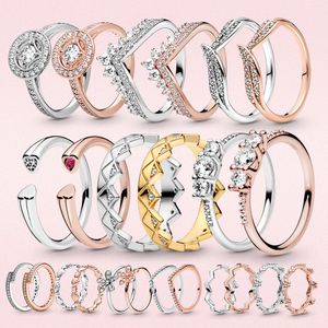 925 Pierścienie srebrne Princess Tiara Crown Blawling Love Heart Biżuteria rocznica CZ Pandora Pierścienie dla kobiet zaręczyn