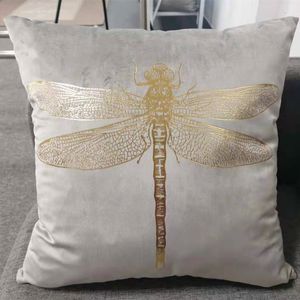 Cushion Decorative Pillow Selling Insect Dragonfly Foil Printing Velvet Garden Cushion Cover Gold Stamping Throw Pillowcase Chair 230727
