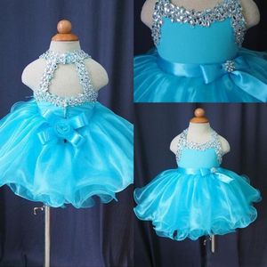Glitz Cupcake Pageant Dresses For Little Girls Baby Pärled Organza Söta barn Korta promklänningar Spädbarn Blue Crystal Birthday P285y