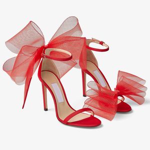 Designer Sandals Women Shoes Luxury Aveline 100 Sandal with Oversized Mesh Bows Open Toes Slender Heel EU35-43 With Box Dresses Wedding