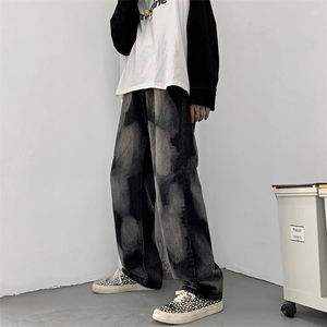 Männer Hosen #5066 Schwarz Koreanische Streetwear Tir Dye Jeans Homme Gerade Breite Bein Herbst Mode Hip Hop Pantalon Hombre schweiß