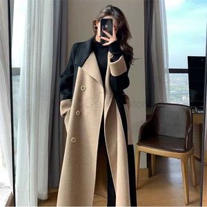 Women's Trench Coats Chic Woolen Patchwork Trench Coat for Women Double-breasted Cardigan Anti-wrinkle Lapel Winter Coat High Sense Overcoat Outwear