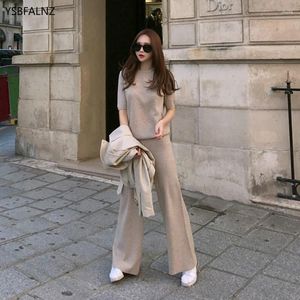 Women's Tracksuits 2023 Korean Fashion Knitting Two Piece Set Clothes Lounge Wear Women Summer Solid Short Sleeve O Neck Lace Up Wide Leg